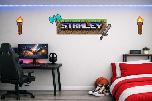 Children's Custom Printed Bedroom Wall Art Vinyl Personalised Gift Sticker - Gamer Mine Blocks Pixel Torches and Sword