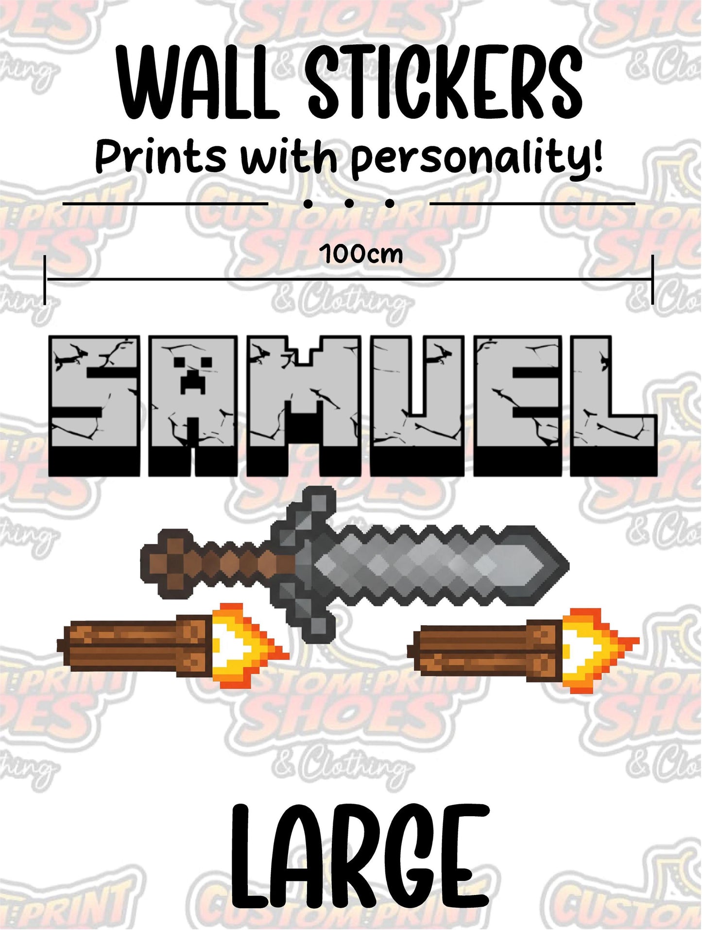 Children's Custom Printed Bedroom Wall Art Vinyl Personalised Gift Sticker - Gamer Mine Blocks Pixel Sword