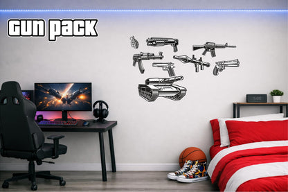 Children's Custom Printed Bedroom Wall Art Vinyl Personalised Gift Sticker - Gamer Racing Grand Theft Gun Pack