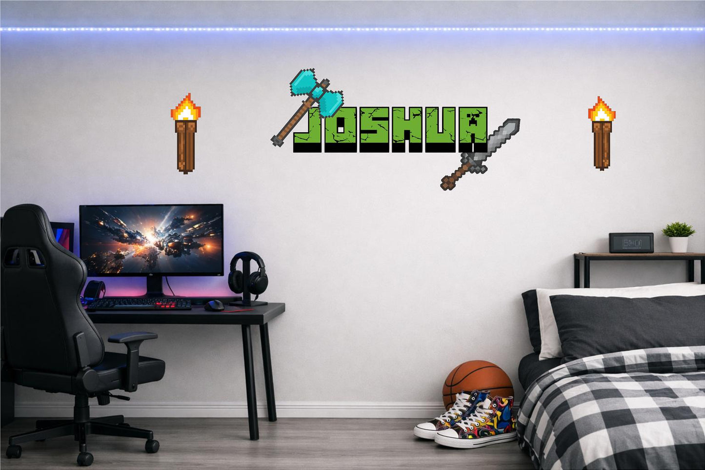 Children's Custom Printed Bedroom Wall Art Vinyl Personalised Gift Sticker - Gamer Mine Blocks Pixel Pickaxe