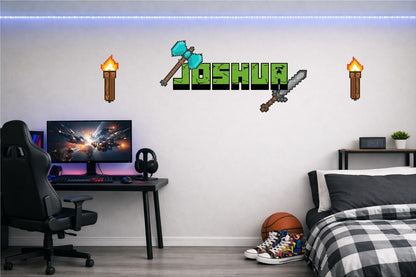 Children's Custom Printed Bedroom Wall Art Vinyl Personalised Gift Sticker - Gamer Mine Blocks Pixel Pickaxe