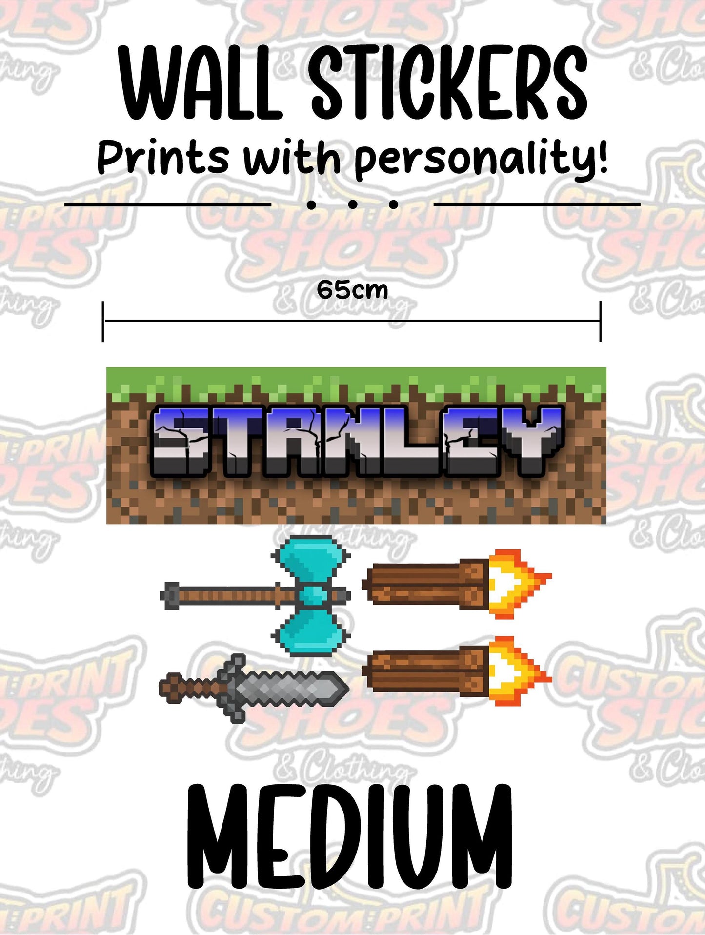 Children's Custom Printed Bedroom Wall Art Vinyl Personalised Gift Sticker - Gamer Mine Blocks Pixel Torches and Sword