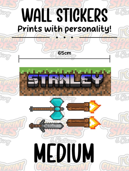 Children's Custom Printed Bedroom Wall Art Vinyl Personalised Gift Sticker - Gamer Mine Blocks Pixel Torches and Sword