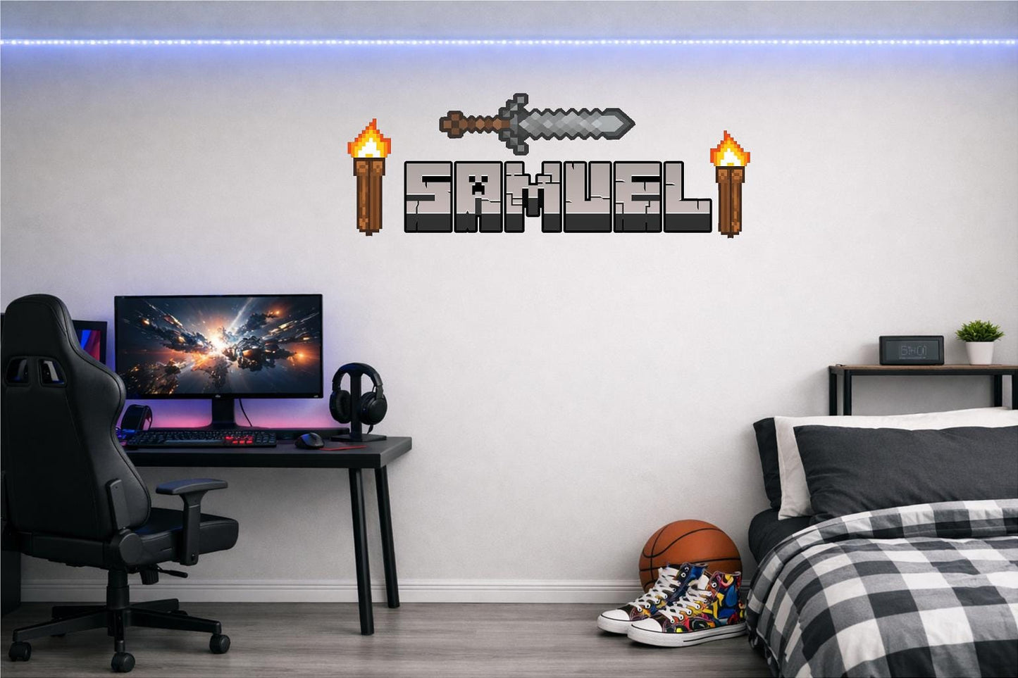 Children's Custom Printed Bedroom Wall Art Vinyl Personalised Gift Sticker - Gamer Mine Blocks Pixel Sword