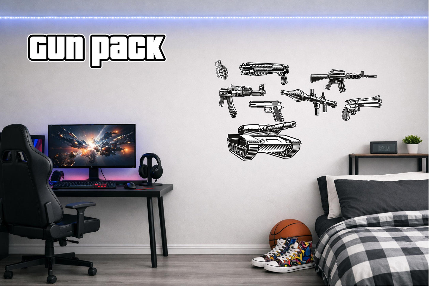 Children's Custom Printed Bedroom Wall Art Vinyl Personalised Gift Sticker - Gamer Racing Grand Theft Gun Pack