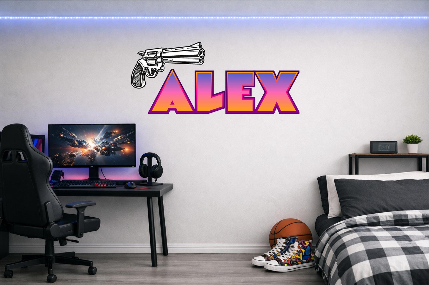 Children's Custom Printed Bedroom Wall Art Vinyl Personalised Gift Sticker - Gamer Racing Grand Theft Hand Gun