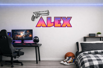 Children's Custom Printed Bedroom Wall Art Vinyl Personalised Gift Sticker - Gamer Racing Grand Theft Hand Gun