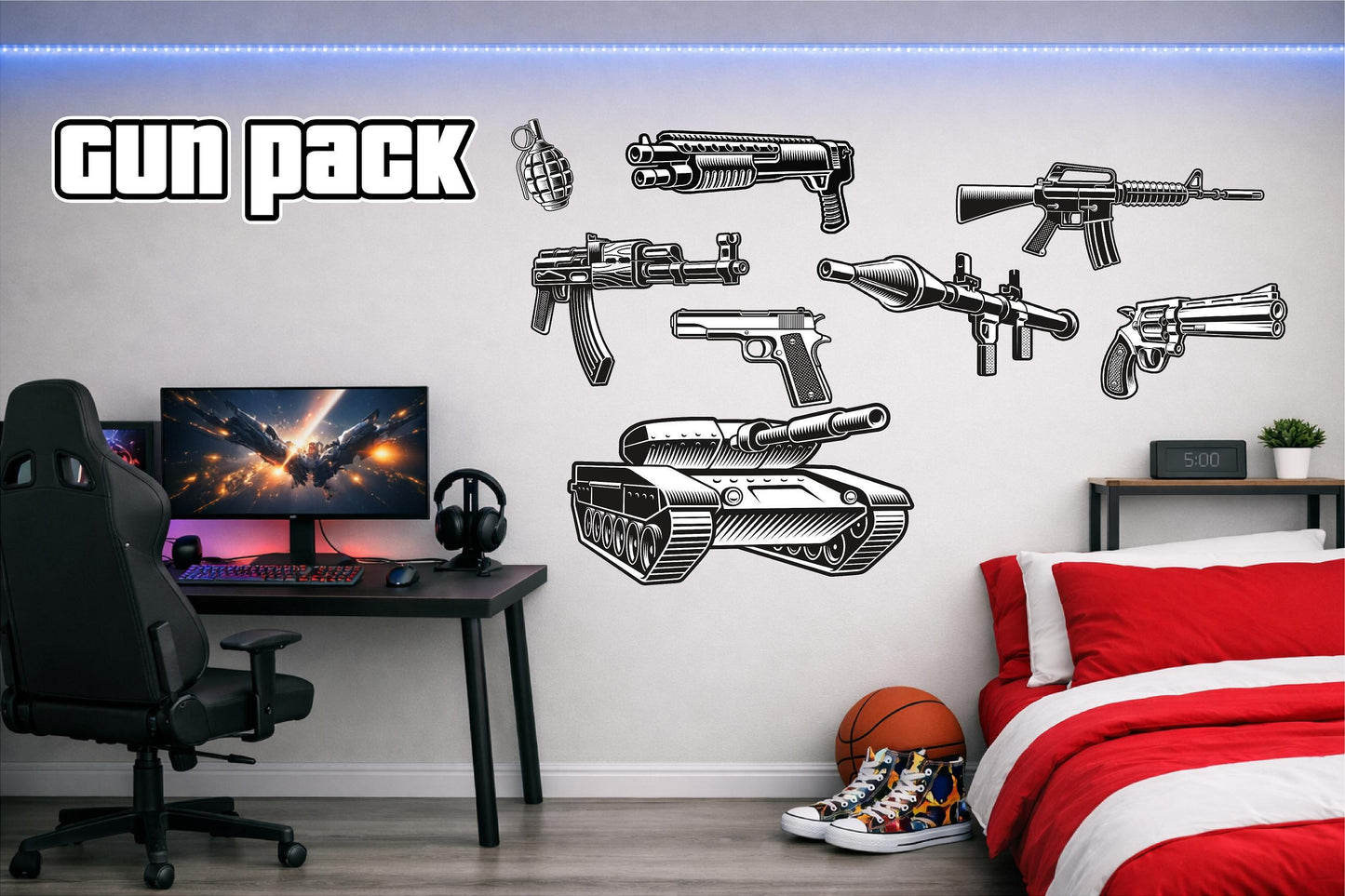 Children's Custom Printed Bedroom Wall Art Vinyl Personalised Gift Sticker - Gamer Racing Grand Theft Gun Pack