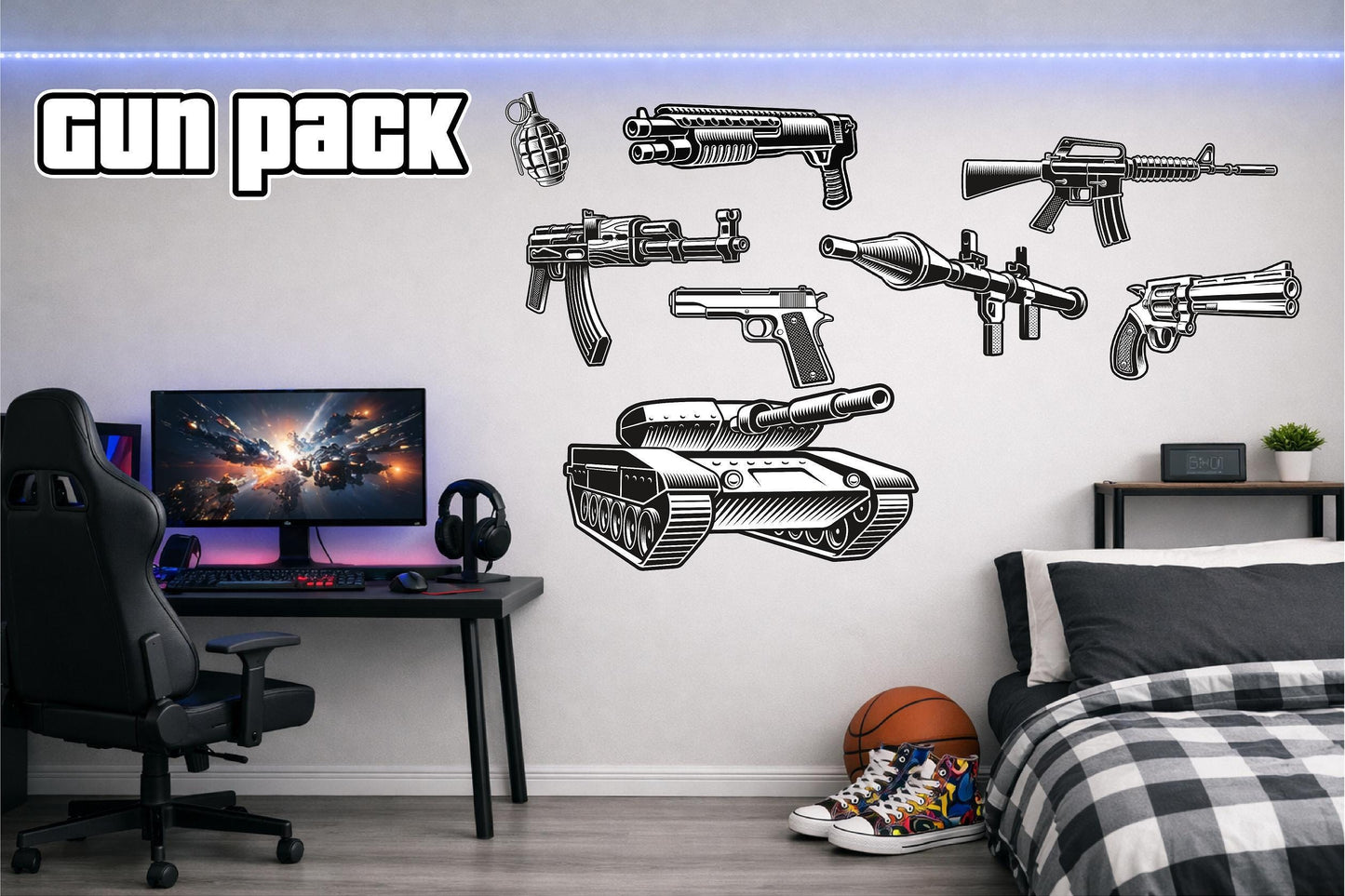 Children's Custom Printed Bedroom Wall Art Vinyl Personalised Gift Sticker - Gamer Racing Grand Theft Gun Pack