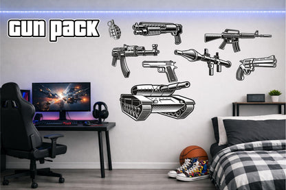 Children's Custom Printed Bedroom Wall Art Vinyl Personalised Gift Sticker - Gamer Racing Grand Theft Gun Pack