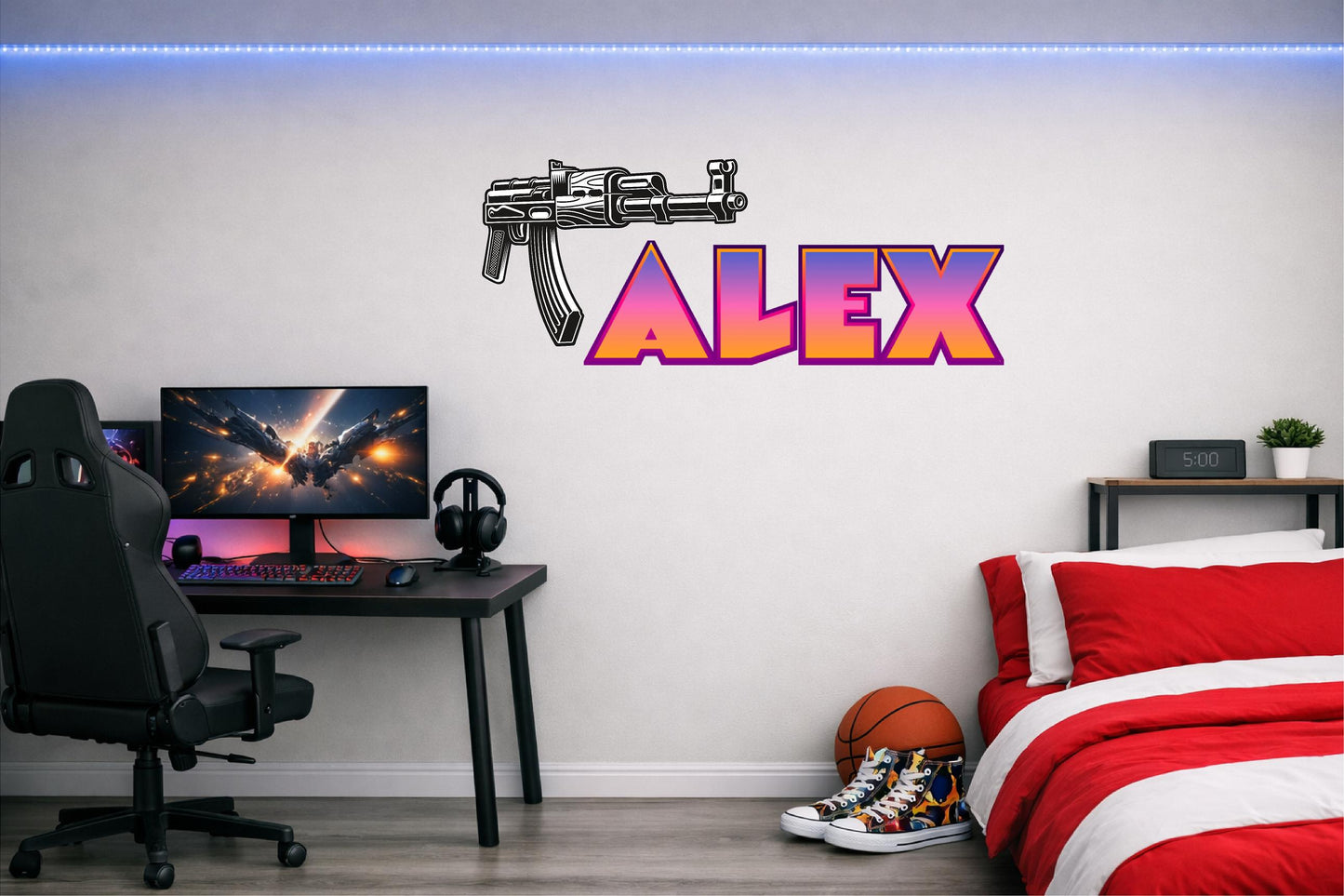 Children's Custom Printed Bedroom Wall Art Vinyl Personalised Gift Sticker - Gamer Racing Grand Theft Machine Gun