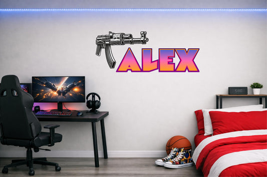 Children's Custom Printed Bedroom Wall Art Vinyl Personalised Gift Sticker - Gamer Racing Grand Theft Machine Gun
