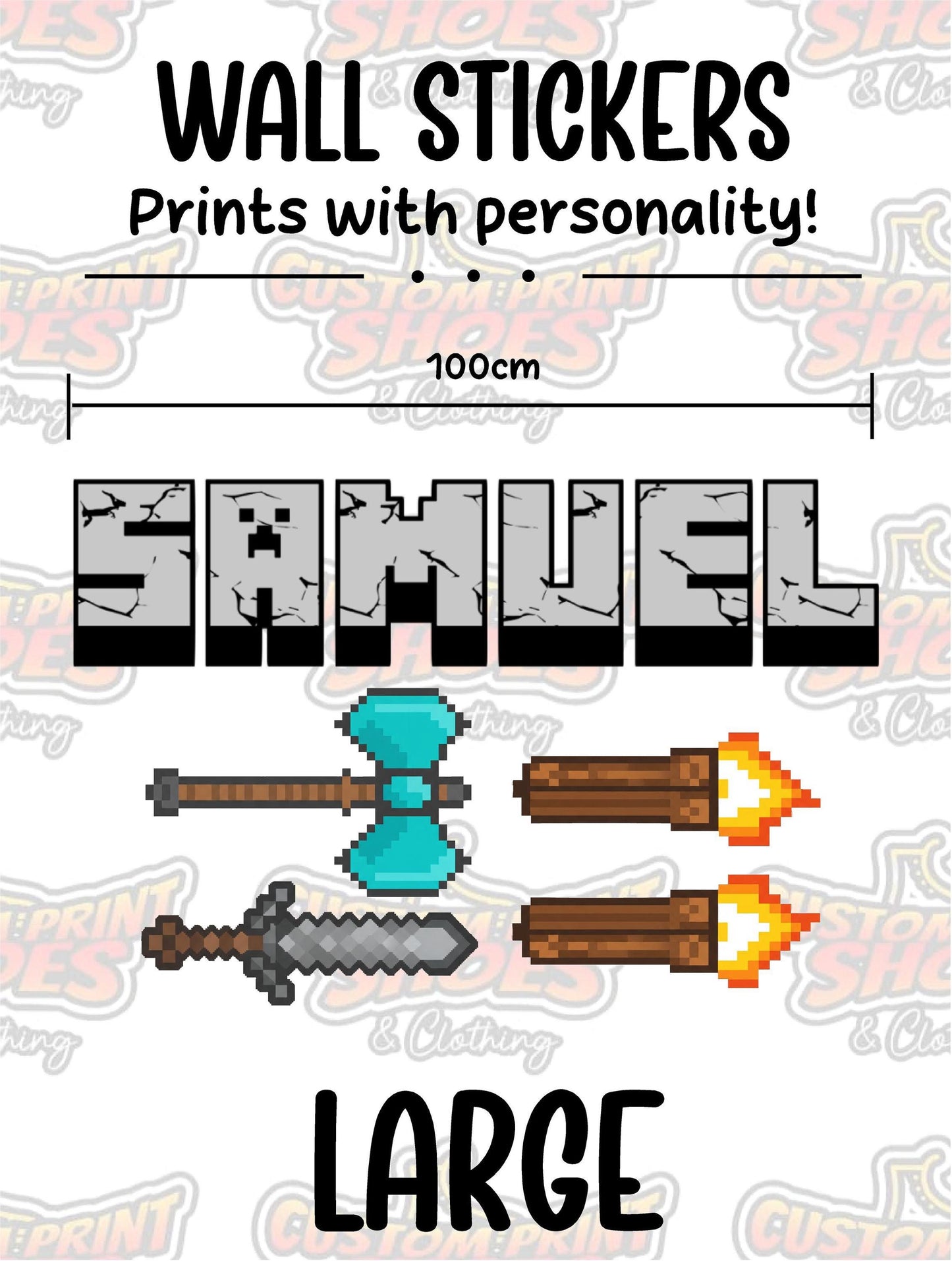 Children's Custom Printed Bedroom Wall Art Vinyl Personalised Gift Sticker - Gamer Mine Blocks Pixel Pickaxe