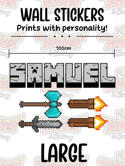 Children's Custom Printed Bedroom Wall Art Vinyl Personalised Gift Sticker - Gamer Mine Blocks Pixel Pickaxe