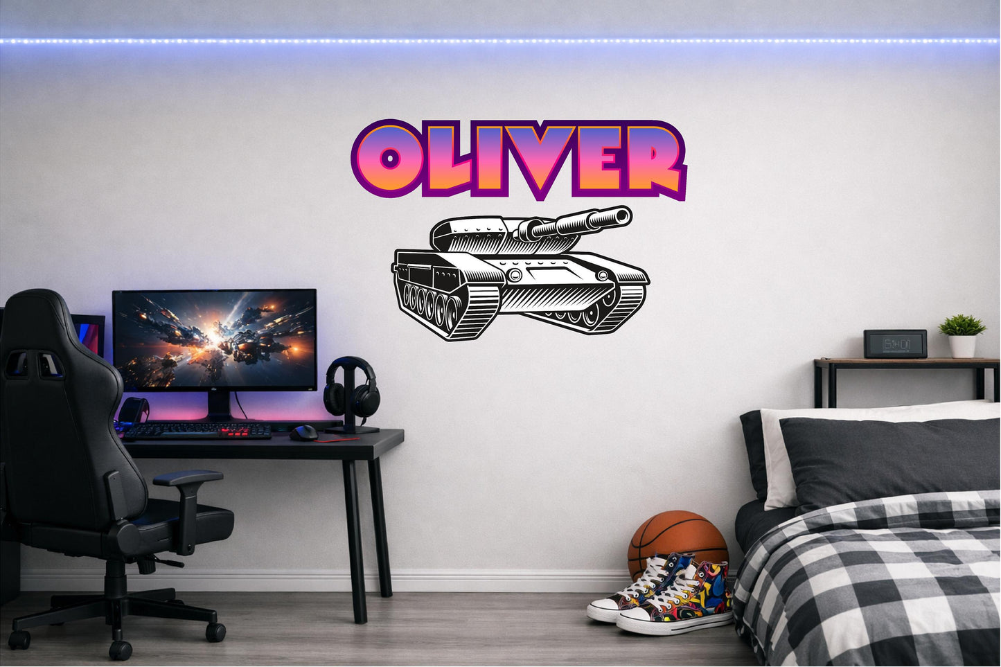 Children's Custom Printed Bedroom Wall Art Vinyl Personalised Gift Sticker - Gamer Racing Grand Theft Tank