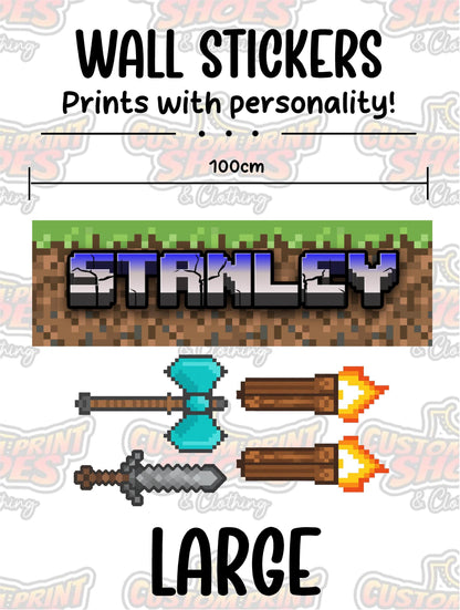 Children's Custom Printed Bedroom Wall Art Vinyl Personalised Gift Sticker - Gamer Mine Blocks Pixel Torches and Sword
