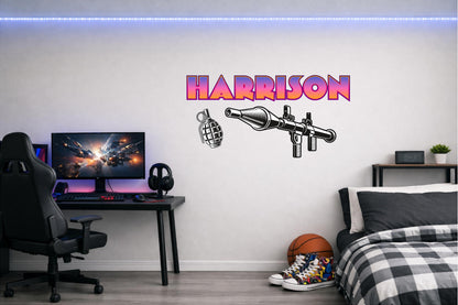 Children's Custom Printed Bedroom Wall Art Vinyl Personalised Gift Sticker - Gamer Racing Grand Theft Bazooka