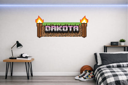 Children's Custom Printed Bedroom Wall Art Vinyl Personalised Gift Sticker - Gamer Mine Blocks Torches