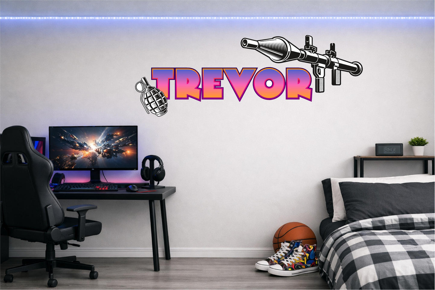Children's Custom Printed Bedroom Wall Art Vinyl Personalised Gift Sticker - Gamer Racing Grand Theft Bazooka