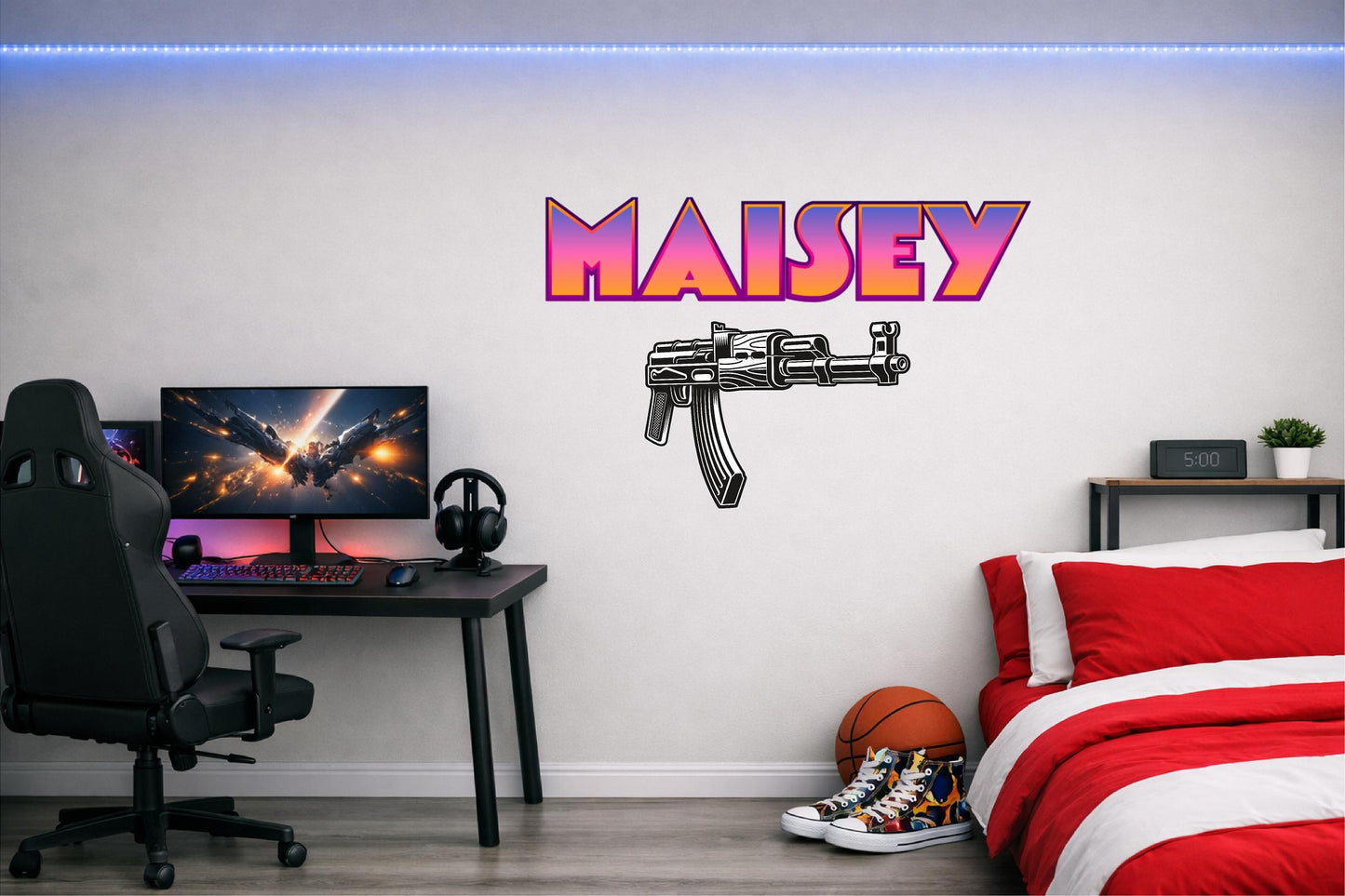 Children's Custom Printed Bedroom Wall Art Vinyl Personalised Gift Sticker - Gamer Racing Grand Theft Machine Gun