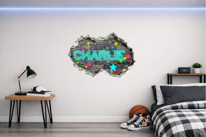 Children's Custom Printed Bedroom Wall Art Vinyl Personalised Gift Sticker | Neon Gamer Graffiti Urban Street Style
