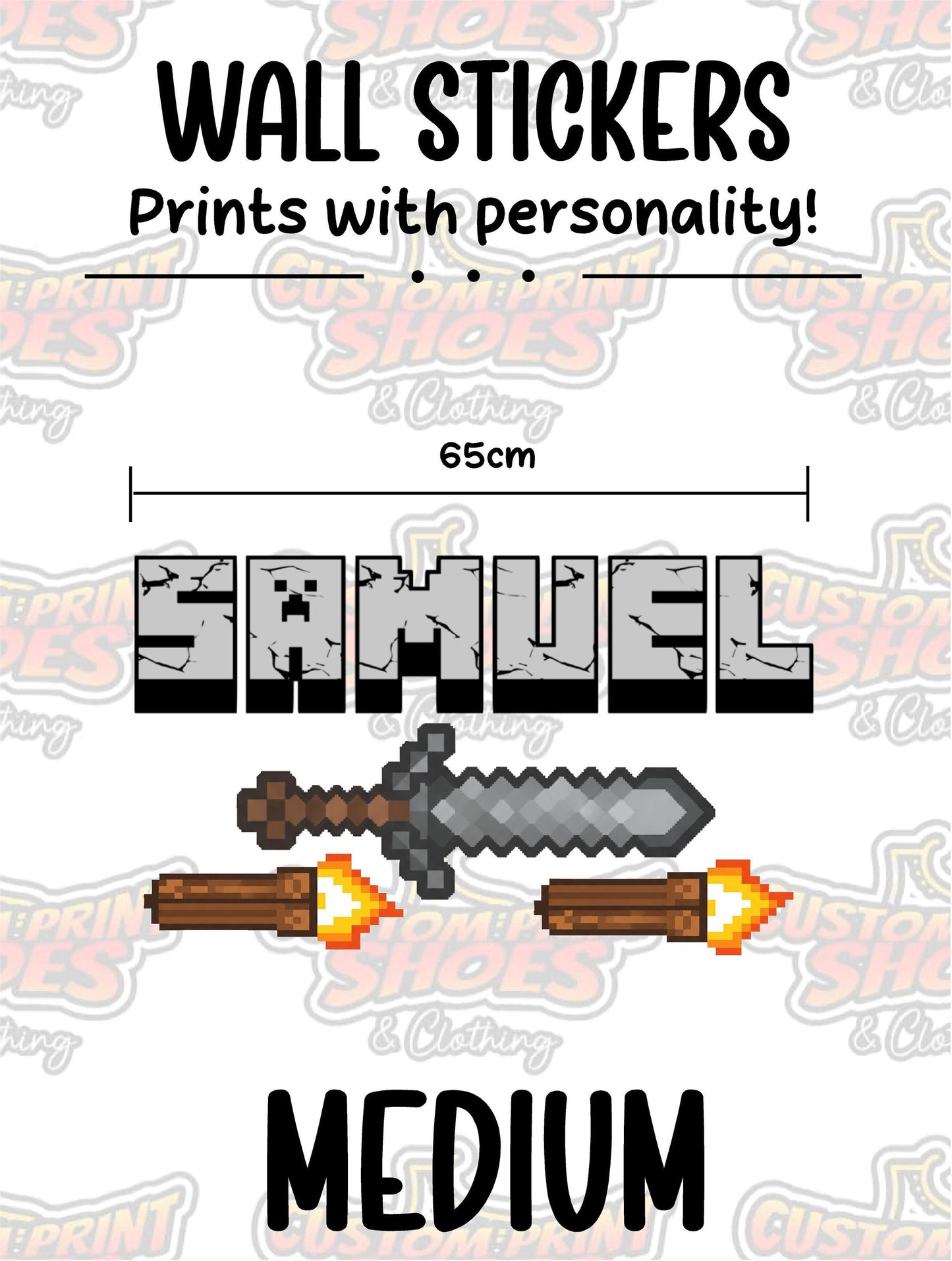 Children's Custom Printed Bedroom Wall Art Vinyl Personalised Gift Sticker - Gamer Mine Blocks Pixel Sword