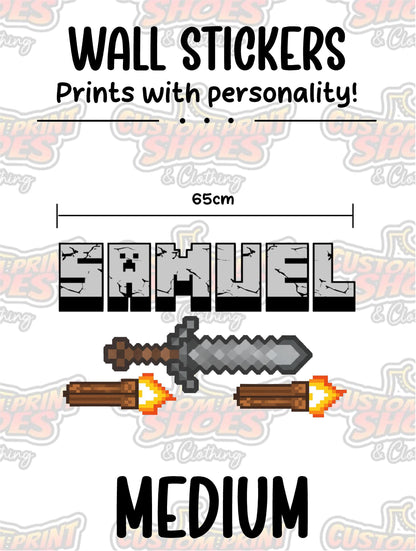 Children's Custom Printed Bedroom Wall Art Vinyl Personalised Gift Sticker - Gamer Mine Blocks Pixel Sword
