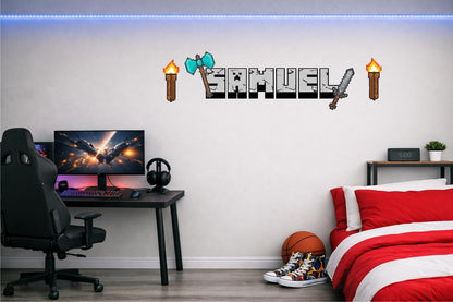 Children's Custom Printed Bedroom Wall Art Vinyl Personalised Gift Sticker - Gamer Mine Blocks Pixel Pickaxe