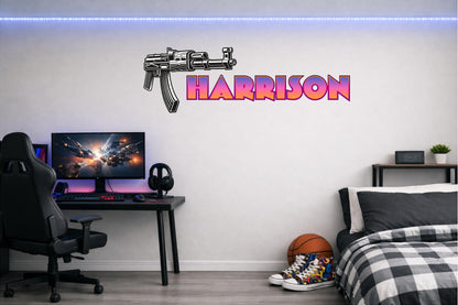 Children's Custom Printed Bedroom Wall Art Vinyl Personalised Gift Sticker - Gamer Racing Grand Theft Machine Gun