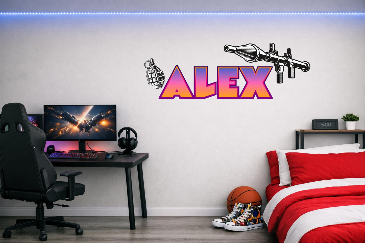 Children's Custom Printed Bedroom Wall Art Vinyl Personalised Gift Sticker - Gamer Racing Grand Theft Bazooka