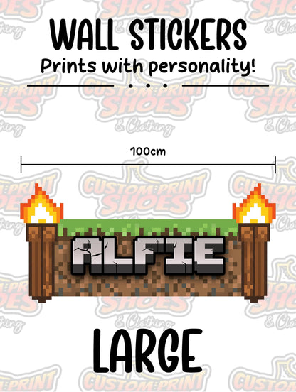 Children's Custom Printed Bedroom Wall Art Vinyl Personalised Gift Sticker - Gamer Mine Blocks Torches