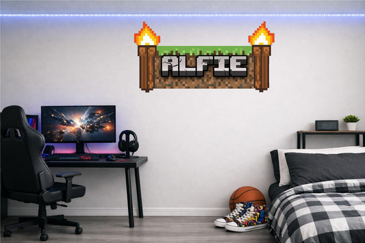 Children's Custom Printed Bedroom Wall Art Vinyl Personalised Gift Sticker - Gamer Mine Blocks Torches