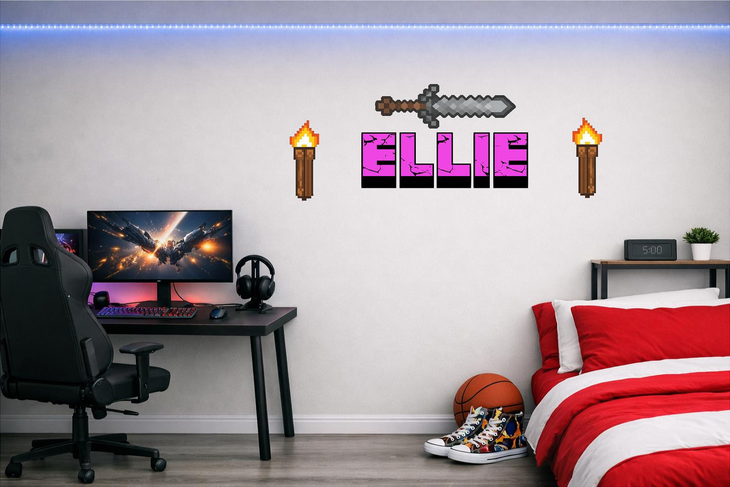 Children's Custom Printed Bedroom Wall Art Vinyl Personalised Gift Sticker - Gamer Mine Blocks Pixel Sword