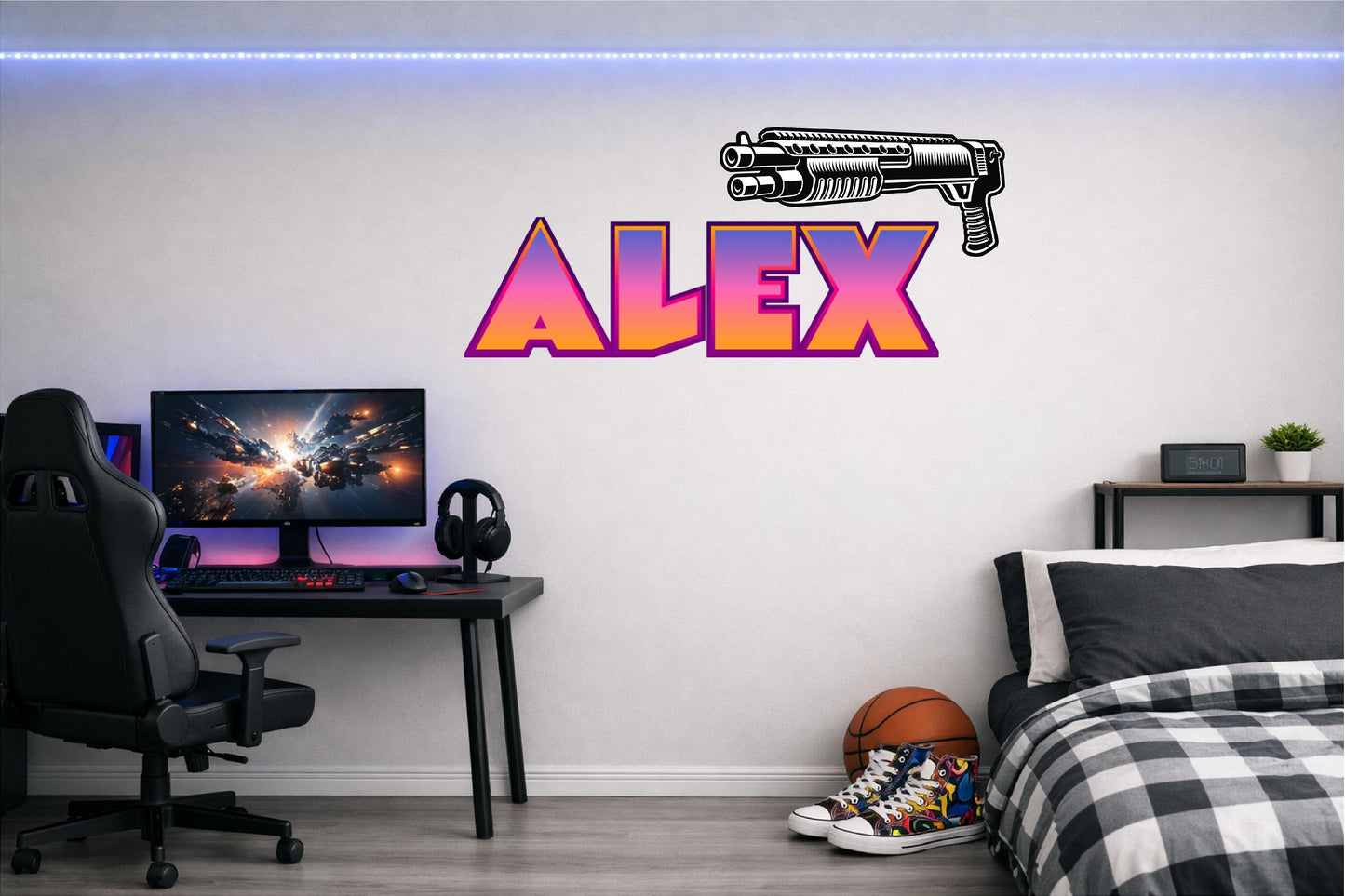 Children's Custom Printed Bedroom Wall Art Vinyl Personalised Gift Sticker - Gamer Racing Grand Theft Shotgun