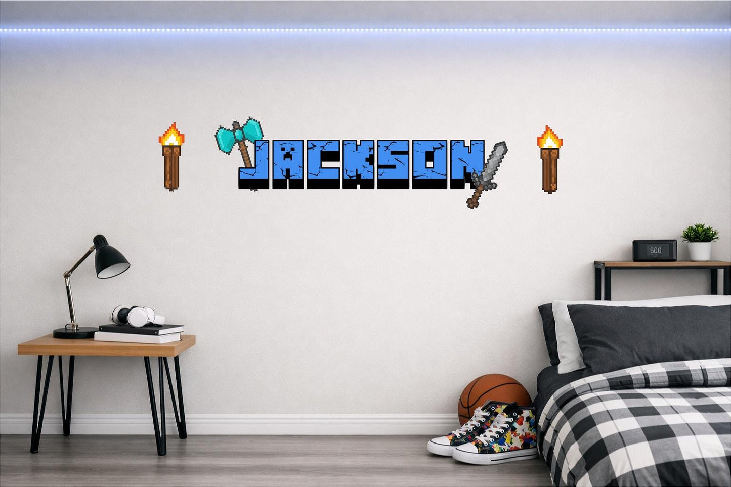 Children's Custom Printed Bedroom Wall Art Vinyl Personalised Gift Sticker - Gamer Mine Blocks Pixel Pickaxe