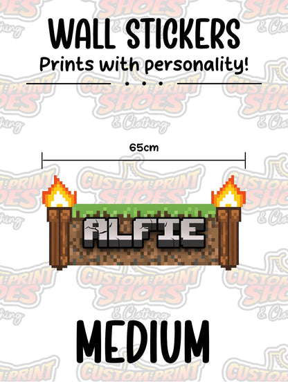 Children's Custom Printed Bedroom Wall Art Vinyl Personalised Gift Sticker - Gamer Mine Blocks Torches