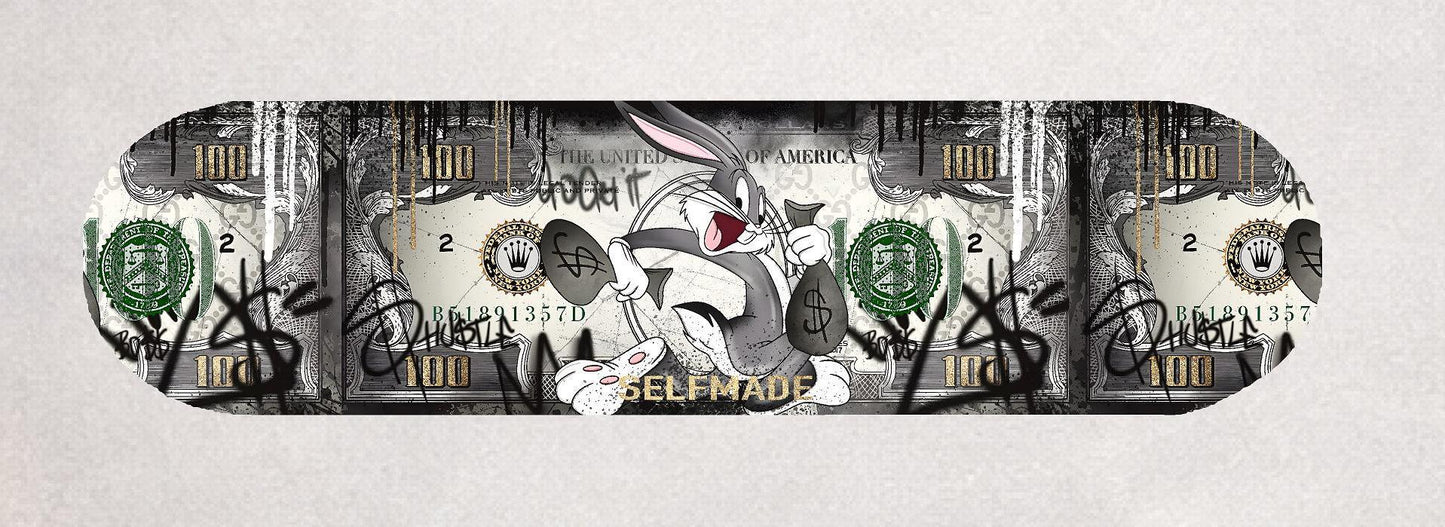 Skateboard Deck Wall Art Decor | Bugs Urban Banknote Bunny | Modern Man Cave Bar Bedroom Novelty