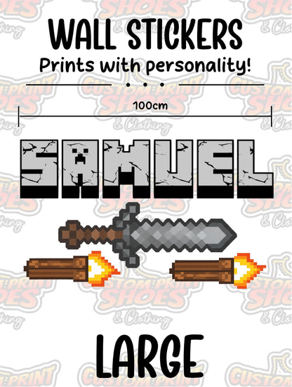 Children's Custom Printed Bedroom Wall Art Vinyl Personalised Gift Sticker - Gamer Mine Blocks Pixel Sword