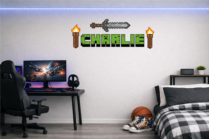 Children's Custom Printed Bedroom Wall Art Vinyl Personalised Gift Sticker - Gamer Mine Blocks Pixel Sword