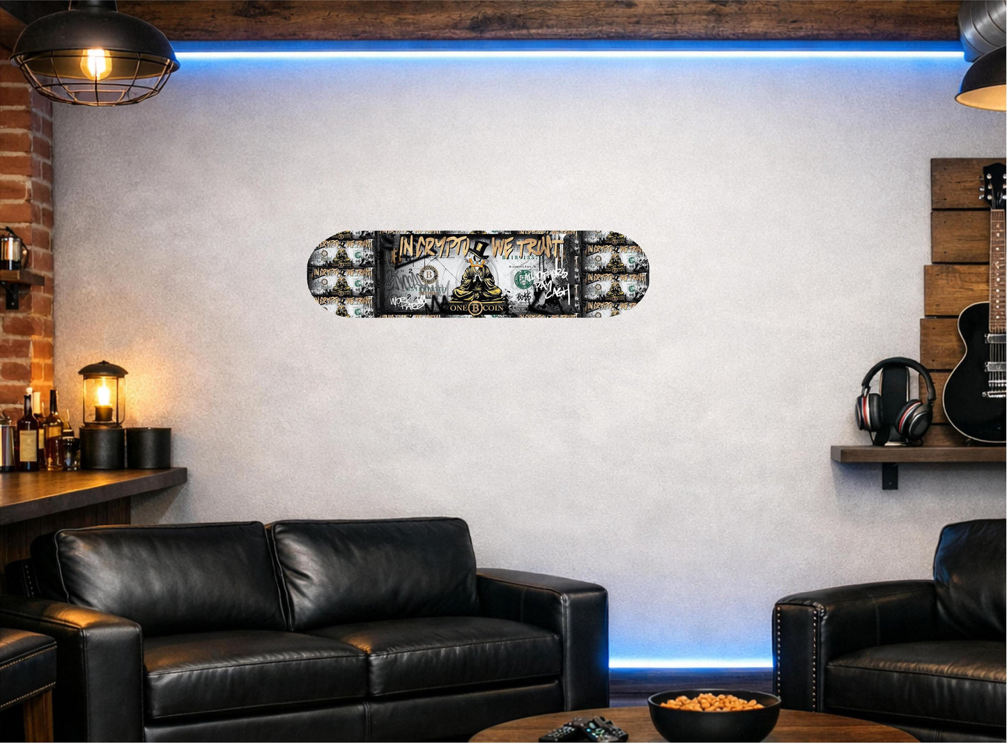 Skateboard Deck Wall Art Decor | Duck Bitcoin Urban Banknote | Modern Man Cave Bar Bedroom Novelty