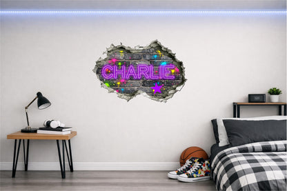 Children's Custom Printed Bedroom Wall Art Vinyl Personalised Gift Sticker | Neon Gamer Graffiti Urban Street Style