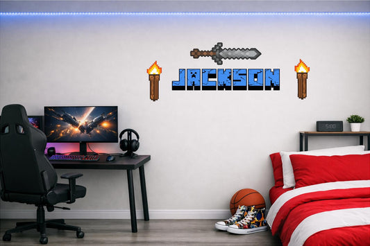 Children's Custom Printed Bedroom Wall Art Vinyl Personalised Gift Sticker - Gamer Mine Blocks Pixel Sword