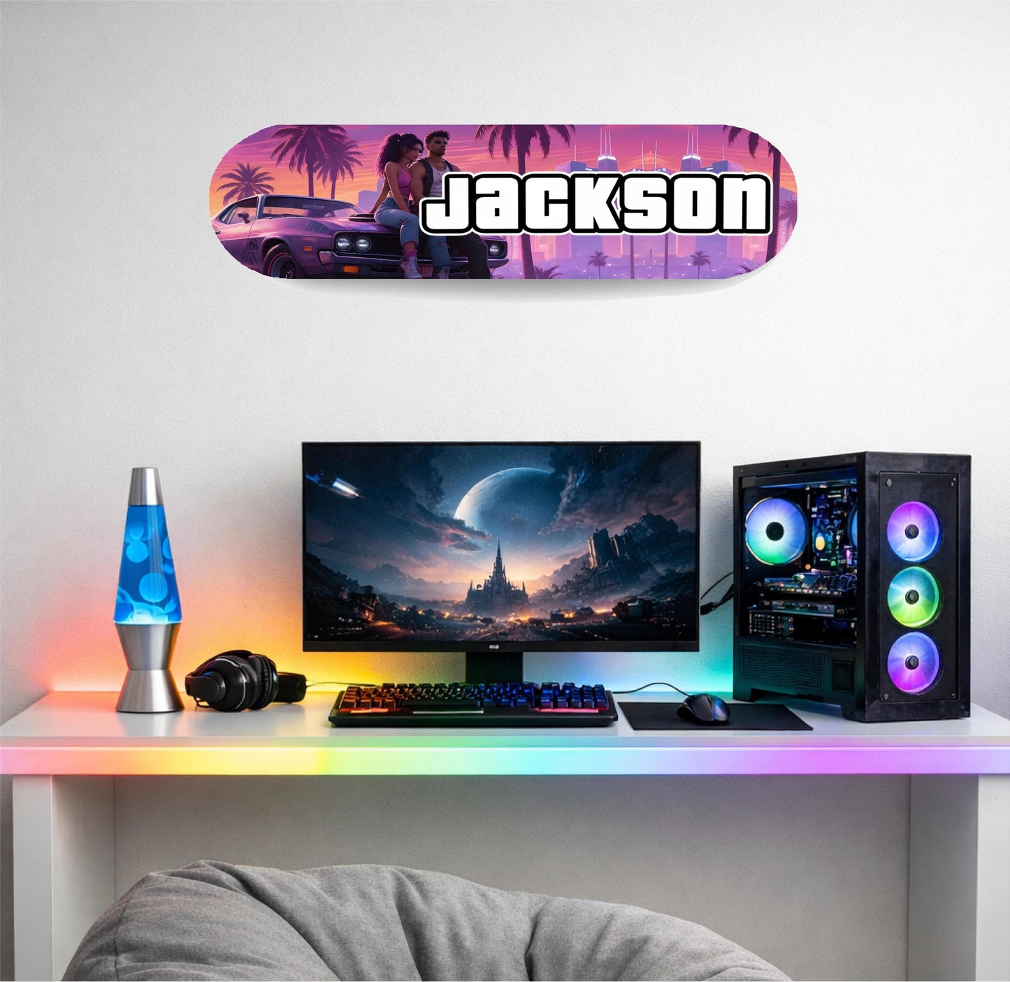 Skateboard Deck Wall Art Modern Decor | Grand Auto Console Gaming Controller | Retro Game Room Bedroom Novelty Personalised Print