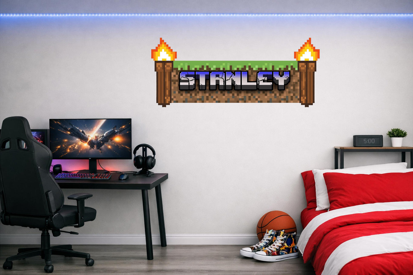 Children's Custom Printed Bedroom Wall Art Vinyl Personalised Gift Sticker - Gamer Mine Blocks Torches