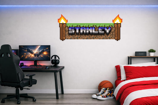 Children's Custom Printed Bedroom Wall Art Vinyl Personalised Gift Sticker - Gamer Mine Blocks Torches
