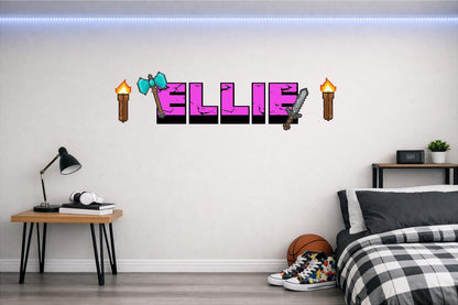 Children's Custom Printed Bedroom Wall Art Vinyl Personalised Gift Sticker - Gamer Mine Blocks Pixel Pickaxe