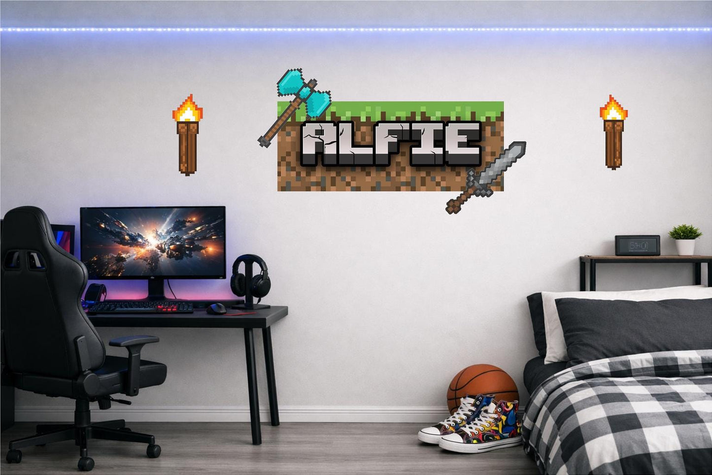 Children's Custom Printed Bedroom Wall Art Vinyl Personalised Gift Sticker - Gamer Mine Blocks Pixel Torches and Sword