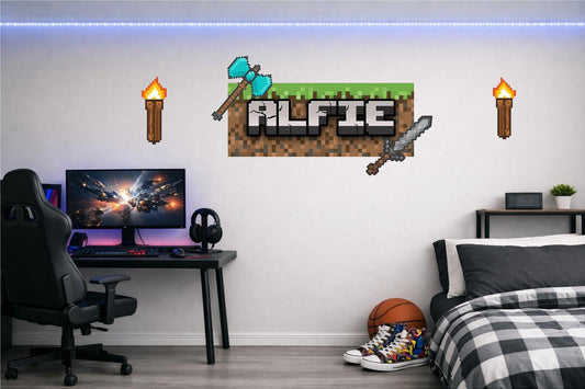 Children's Custom Printed Bedroom Wall Art Vinyl Personalised Gift Sticker - Gamer Mine Blocks Pixel Torches and Sword