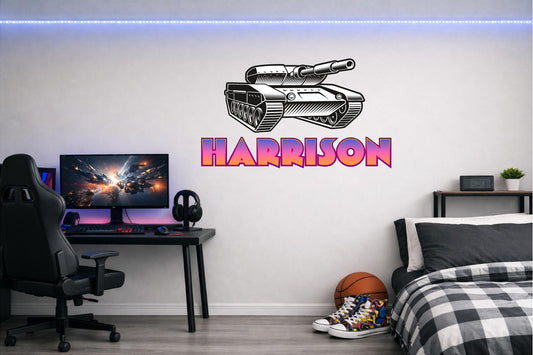 Children's Custom Printed Bedroom Wall Art Vinyl Personalised Gift Sticker - Gamer Racing Grand Theft Tank